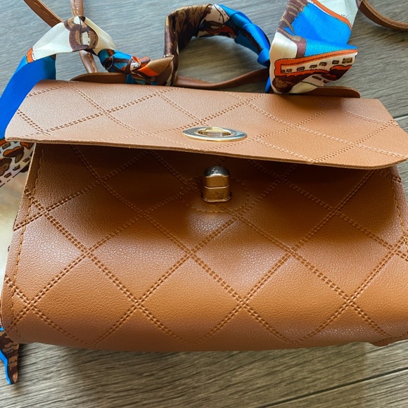 Mini Quilted Embossed Scarf Decor Satchel Bag Brown - Picture 4 of 10